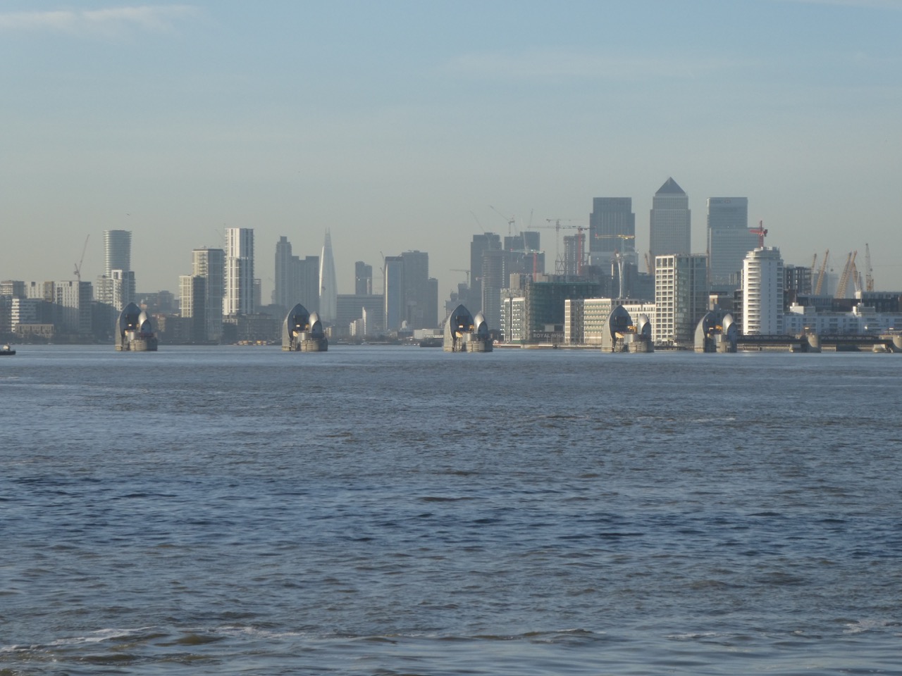 Thames Barrier and London skyline from the ferry