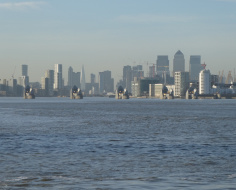 Thames Barrier and London skyline from the ferry